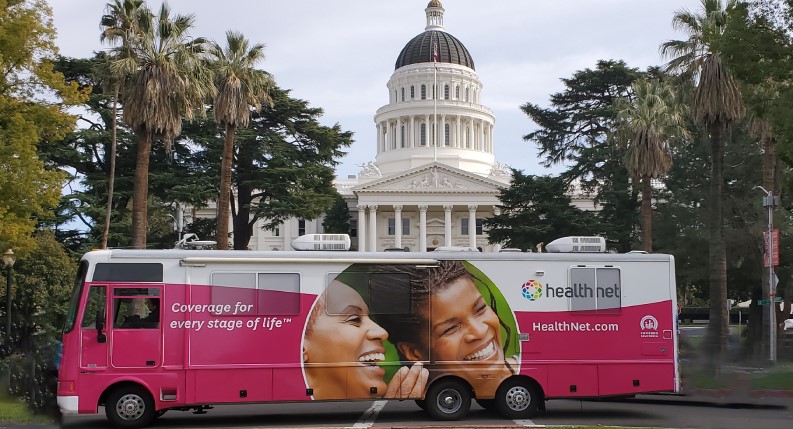 Health Net mobile RV parked near the California State Capitol.