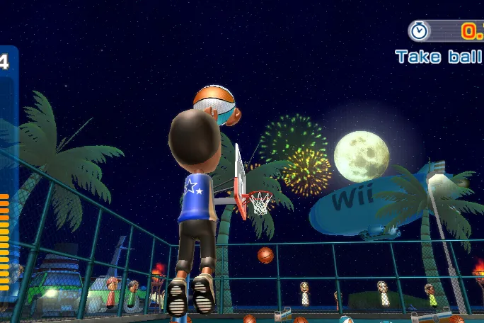 Nintendo Wii Sports Resort basketball gameplay visual.