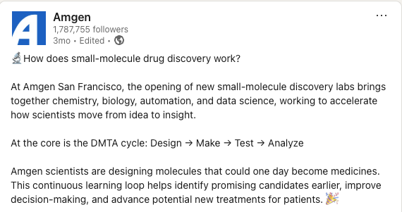 Amgen LinkedIn post preview for the Small Molecule Drug Discovery Lab Expansion story.