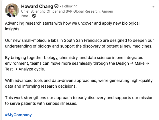 Executive LinkedIn post preview with a different frame from the Small Molecule Drug Discovery Lab Expansion story.