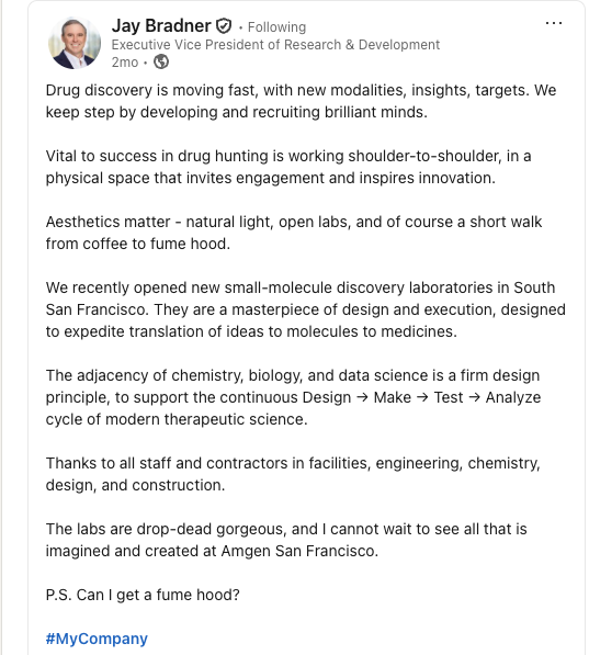 Executive LinkedIn post preview for the Small Molecule Drug Discovery Lab Expansion story.